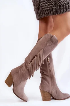 Boto Kozaki Wiosenne|Kozaki Przed Kolano*Damskie Zamszowe Kozaki Kowbojki Lewski 3094/F Szare