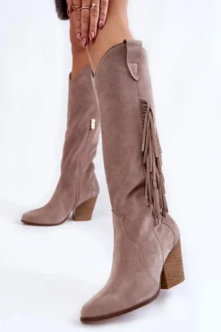 Boto Kozaki Wiosenne|Kozaki Przed Kolano*Damskie Zamszowe Kozaki Kowbojki Lewski 3094/F Szare