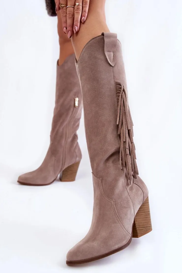 Boto Kozaki Wiosenne|Kozaki Przed Kolano*Damskie Zamszowe Kozaki Kowbojki Lewski 3094/F Szare