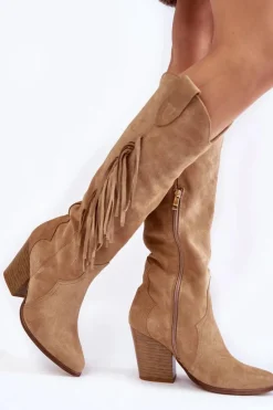 Outlet Boto Damskie Zamszowe Kozaki Kowbojki Lewski 3094/F Ciemnobeżowe