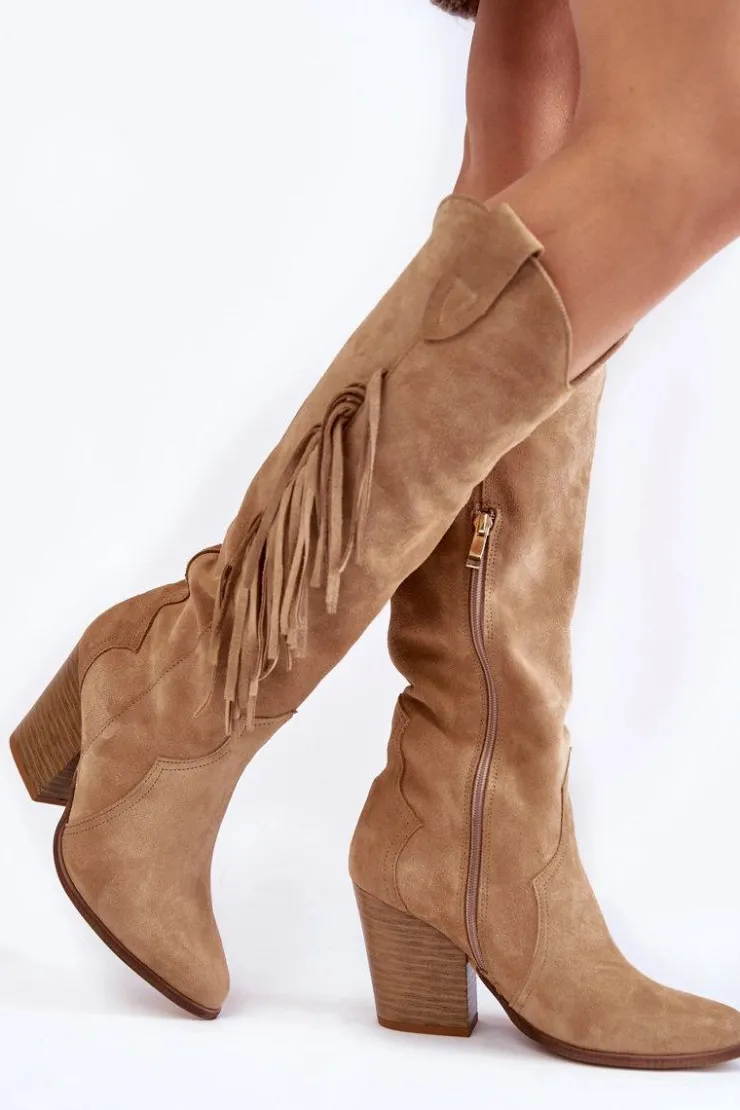 Outlet Boto Damskie Zamszowe Kozaki Kowbojki Lewski 3094/F Ciemnobeżowe