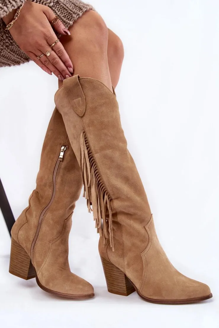 Outlet Boto Damskie Zamszowe Kozaki Kowbojki Lewski 3094/F Ciemnobeżowe