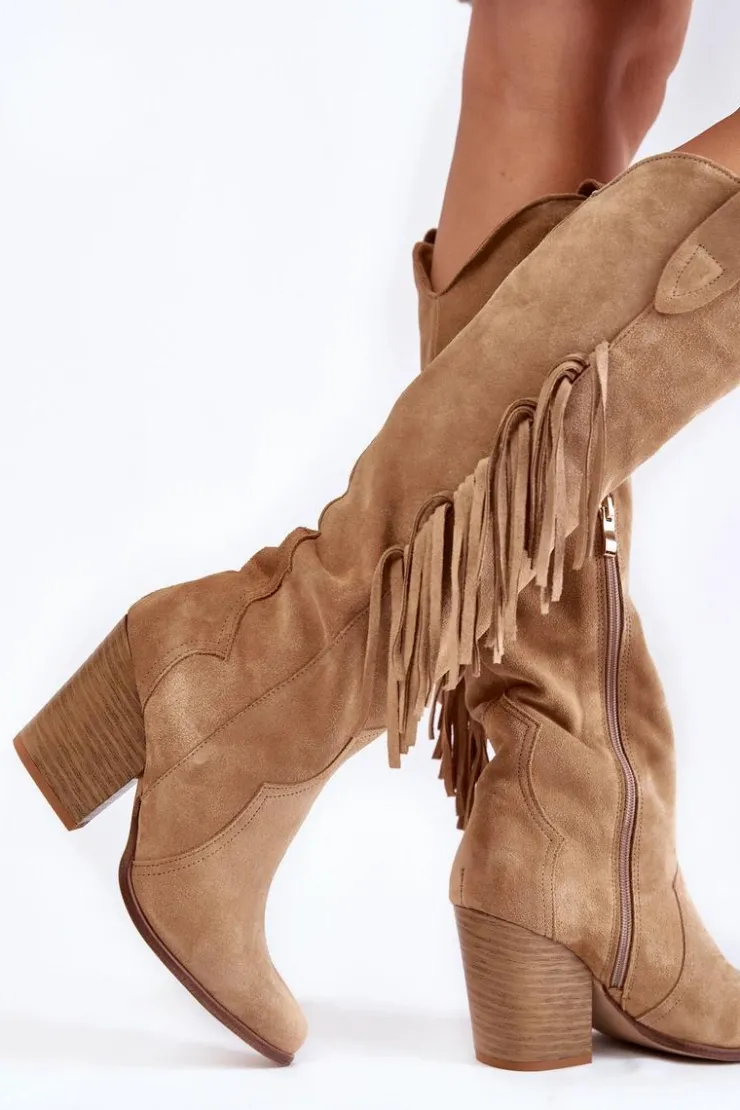 Outlet Boto Damskie Zamszowe Kozaki Kowbojki Lewski 3094/F Ciemnobeżowe