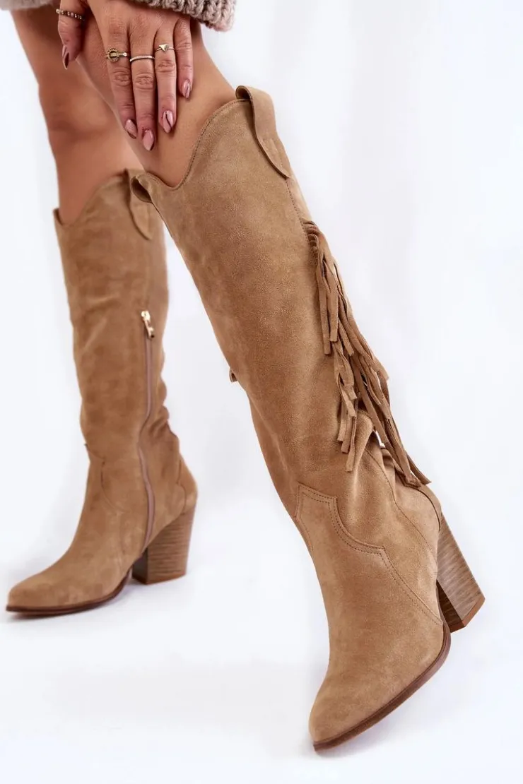 Outlet Boto Damskie Zamszowe Kozaki Kowbojki Lewski 3094/F Ciemnobeżowe