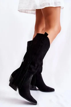 Boto Kozaki Wiosenne|Kozaki Przed Kolano*Damskie Zamszowe Kozaki Kowbojki Z Frędzlami Czarne Simplo