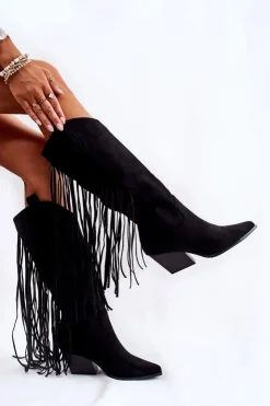 Boto Kozaki Wiosenne|Kozaki Przed Kolano*Damskie Zamszowe Kozaki Kowbojki Z Frędzlami Czarne Simplo