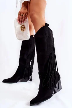 Boto Kozaki Wiosenne|Kozaki Przed Kolano*Damskie Zamszowe Kozaki Kowbojki Z Frędzlami Czarne Simplo