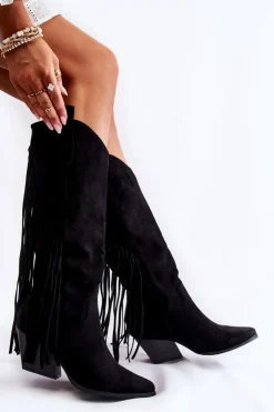 Boto Kozaki Wiosenne|Kozaki Przed Kolano*Damskie Zamszowe Kozaki Kowbojki Z Frędzlami Czarne Simplo