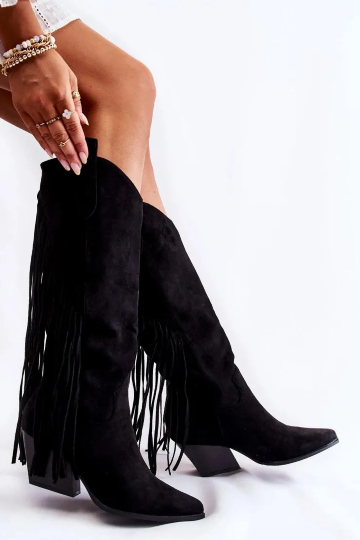 Boto Kozaki Wiosenne|Kozaki Przed Kolano*Damskie Zamszowe Kozaki Kowbojki Z Frędzlami Czarne Simplo