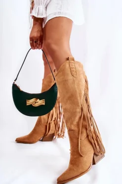 Boto Damskie Zamszowe Kozaki Kowbojki Z Frędzlami Camel Simplo