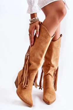 Boto Damskie Zamszowe Kozaki Kowbojki Z Frędzlami Camel Simplo