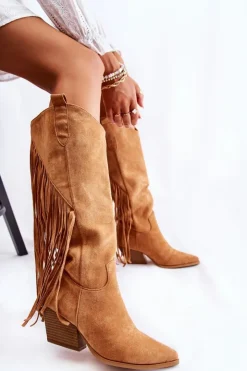Boto Damskie Zamszowe Kozaki Kowbojki Z Frędzlami Camel Simplo