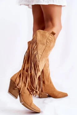 Boto Damskie Zamszowe Kozaki Kowbojki Z Frędzlami Camel Simplo