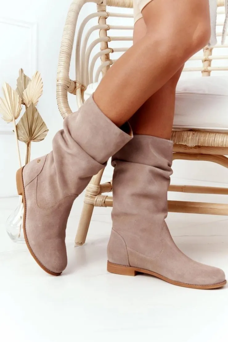 Damskie Maciejka Damskie Zamszowe Kozaki 05057-04 Beżowe