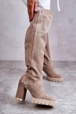 Sale Boto Damskie Zamszowe Kozaki Muszkieterki Beżowe Georgette