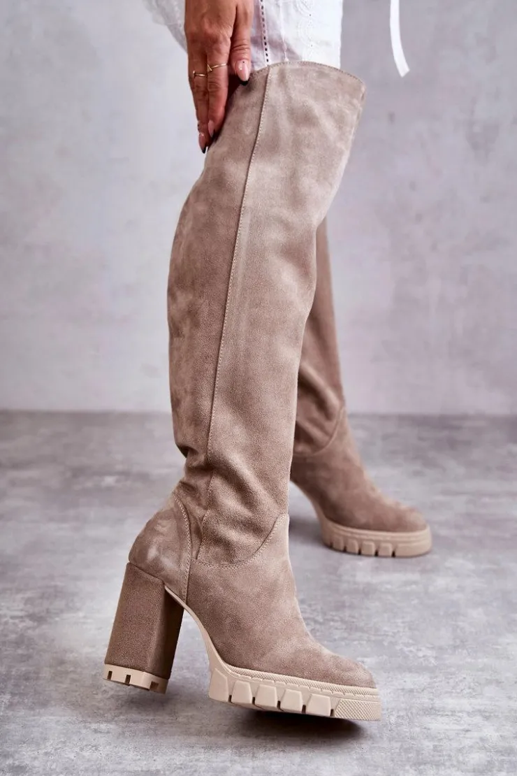 Sale Boto Damskie Zamszowe Kozaki Muszkieterki Beżowe Georgette