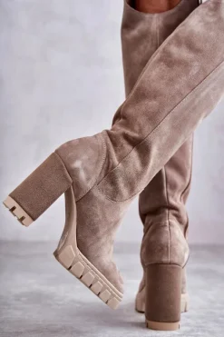 Sale Boto Damskie Zamszowe Kozaki Muszkieterki Beżowe Georgette