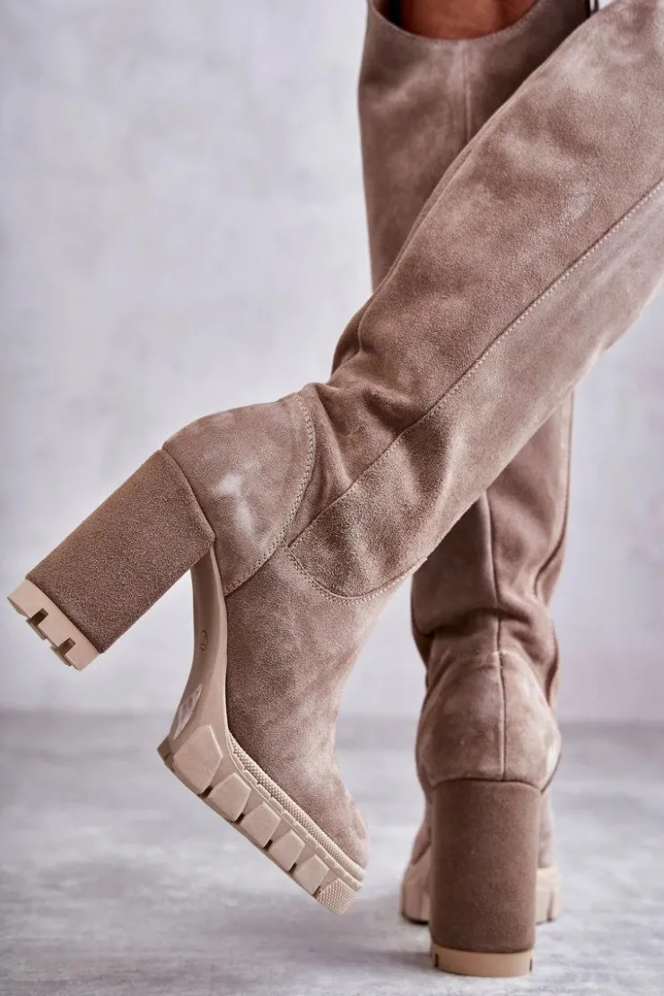 Sale Boto Damskie Zamszowe Kozaki Muszkieterki Beżowe Georgette