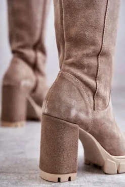 Sale Boto Damskie Zamszowe Kozaki Muszkieterki Beżowe Georgette