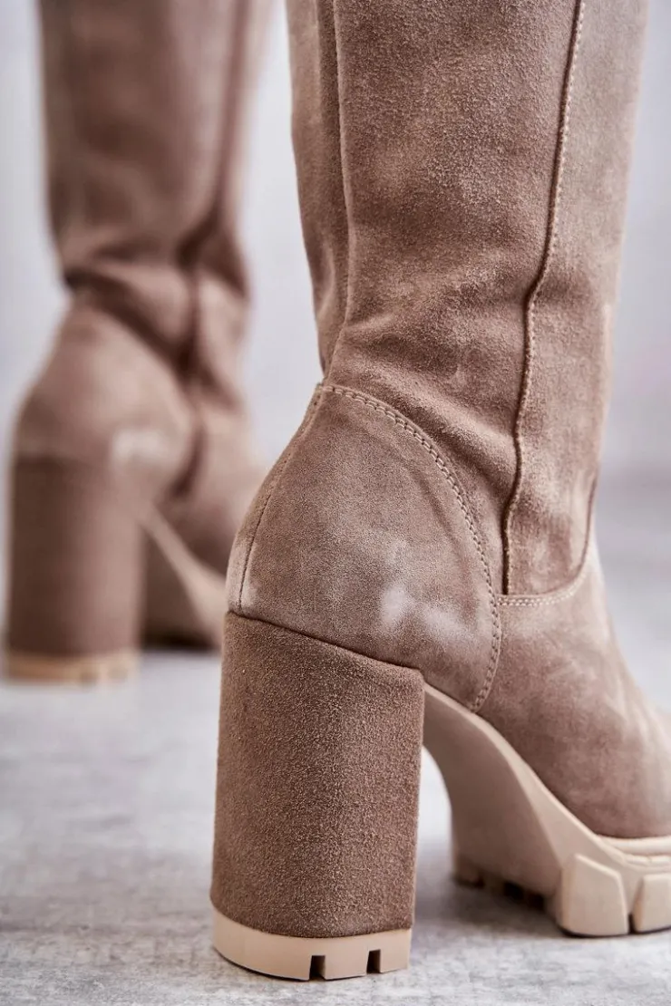 Sale Boto Damskie Zamszowe Kozaki Muszkieterki Beżowe Georgette