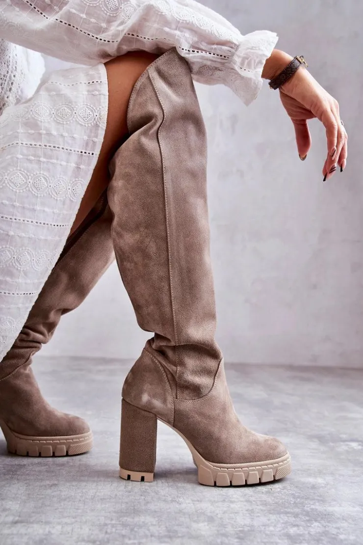 Sale Boto Damskie Zamszowe Kozaki Muszkieterki Beżowe Georgette