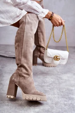 Sale Boto Damskie Zamszowe Kozaki Muszkieterki Beżowe Georgette