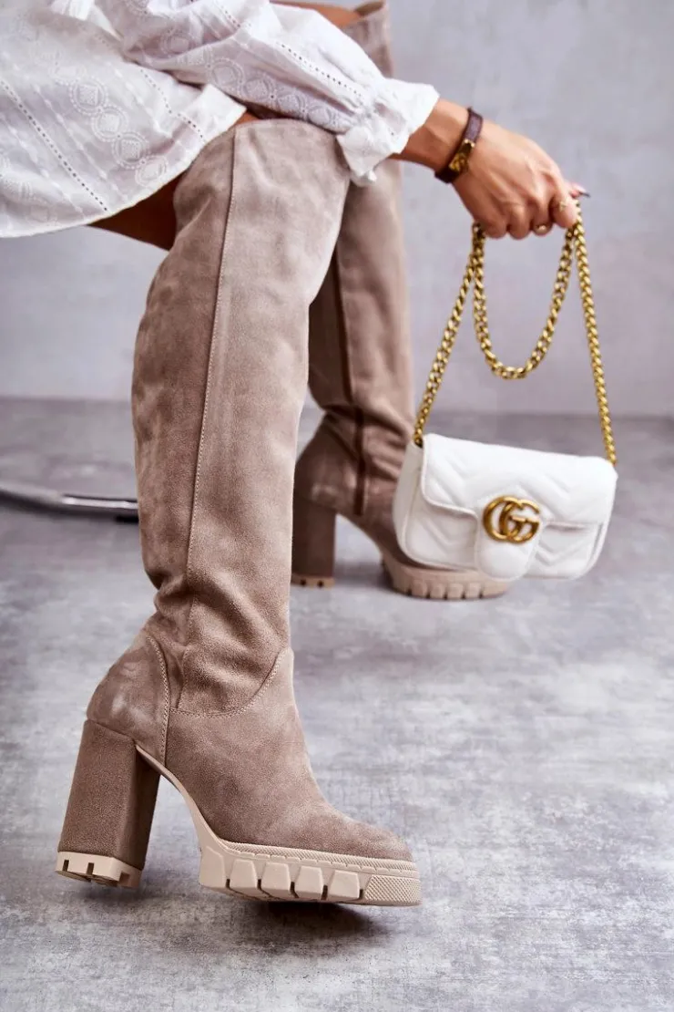 Sale Boto Damskie Zamszowe Kozaki Muszkieterki Beżowe Georgette