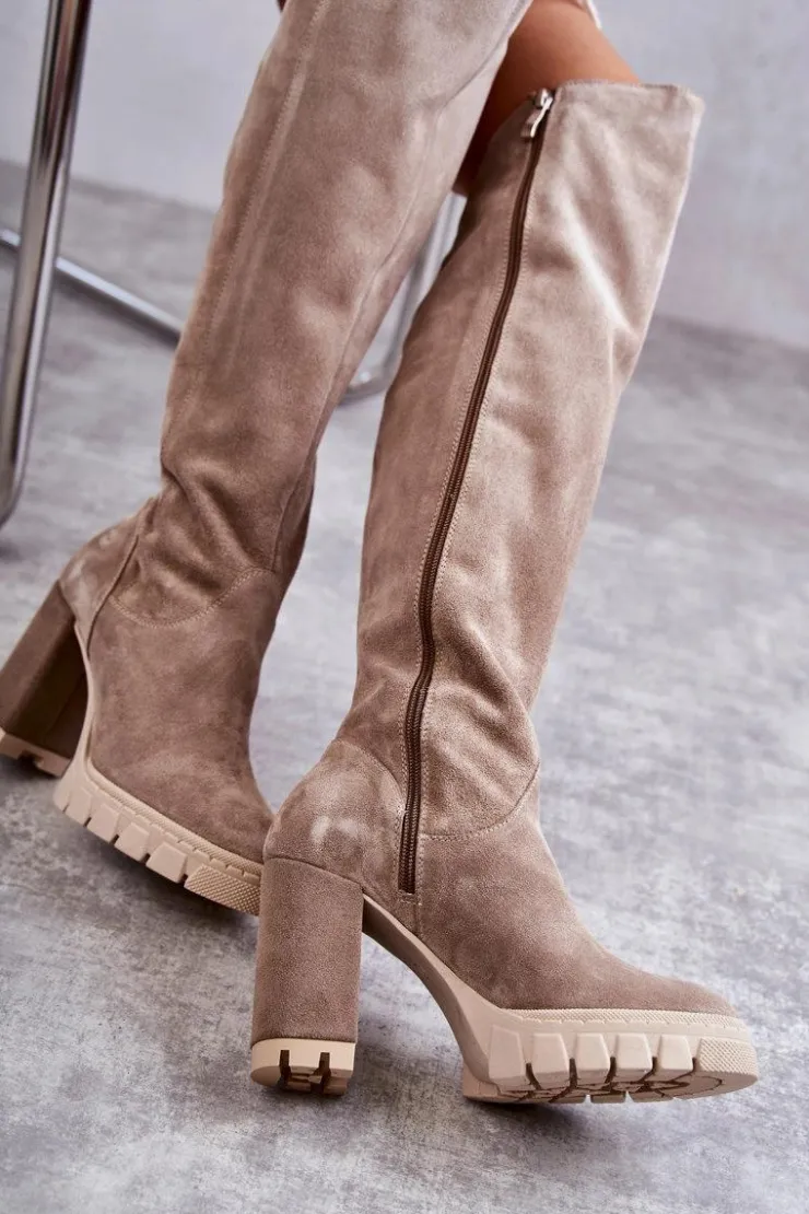 Sale Boto Damskie Zamszowe Kozaki Muszkieterki Beżowe Georgette