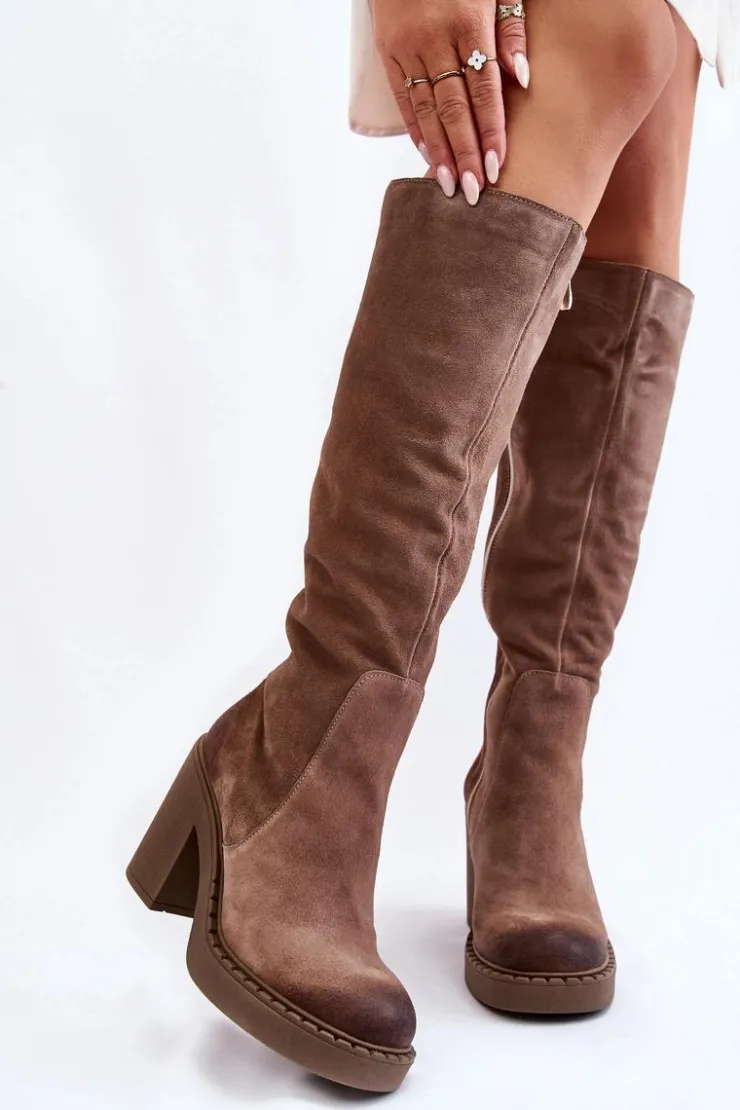 Hot Boto Damskie Zamszowe Kozaki Na Masywnym Słupku Jasnobrązowe Valeris