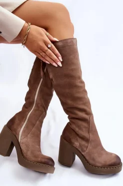 Hot Boto Damskie Zamszowe Kozaki Na Masywnym Słupku Jasnobrązowe Valeris