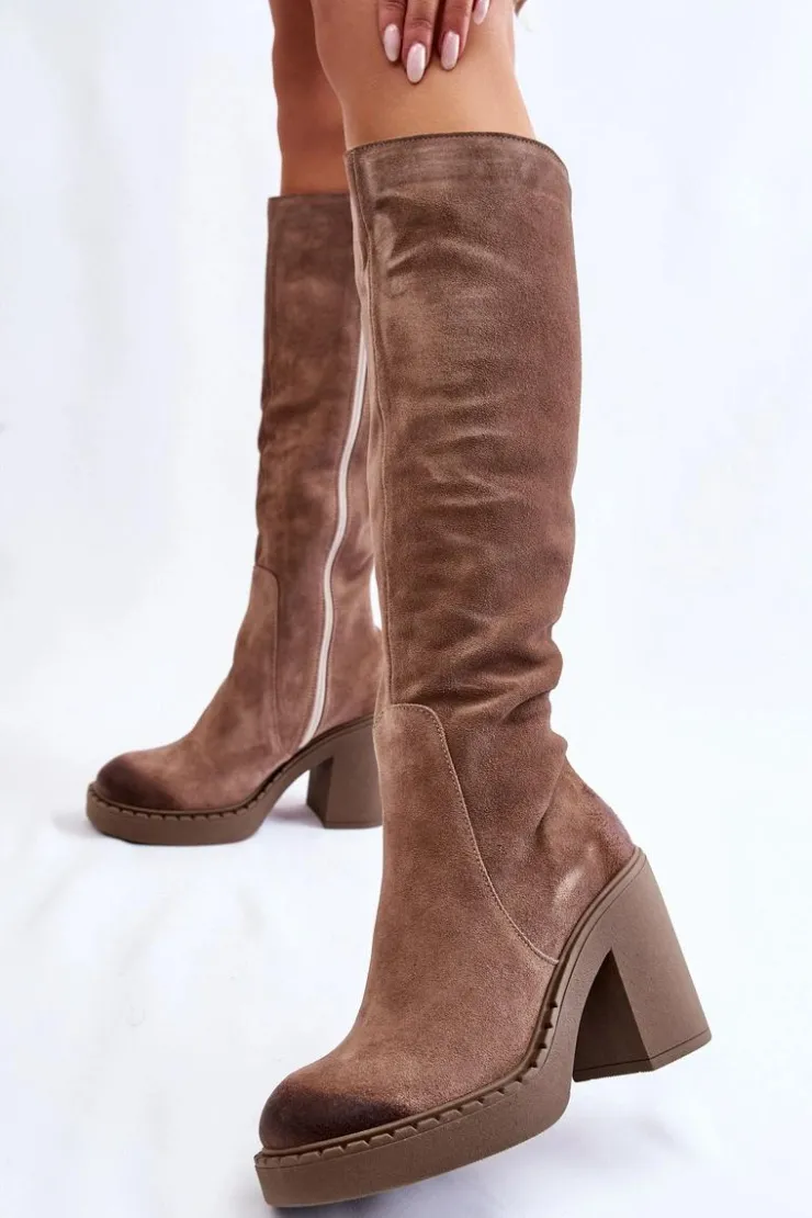 Hot Boto Damskie Zamszowe Kozaki Na Masywnym Słupku Jasnobrązowe Valeris