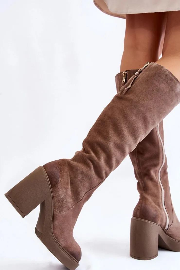 Hot Boto Damskie Zamszowe Kozaki Na Masywnym Słupku Jasnobrązowe Valeris