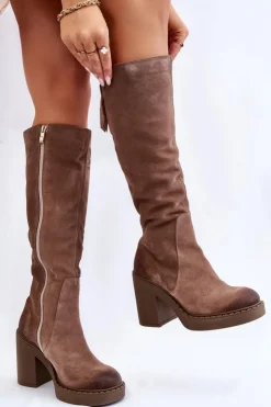 Hot Boto Damskie Zamszowe Kozaki Na Masywnym Słupku Jasnobrązowe Valeris