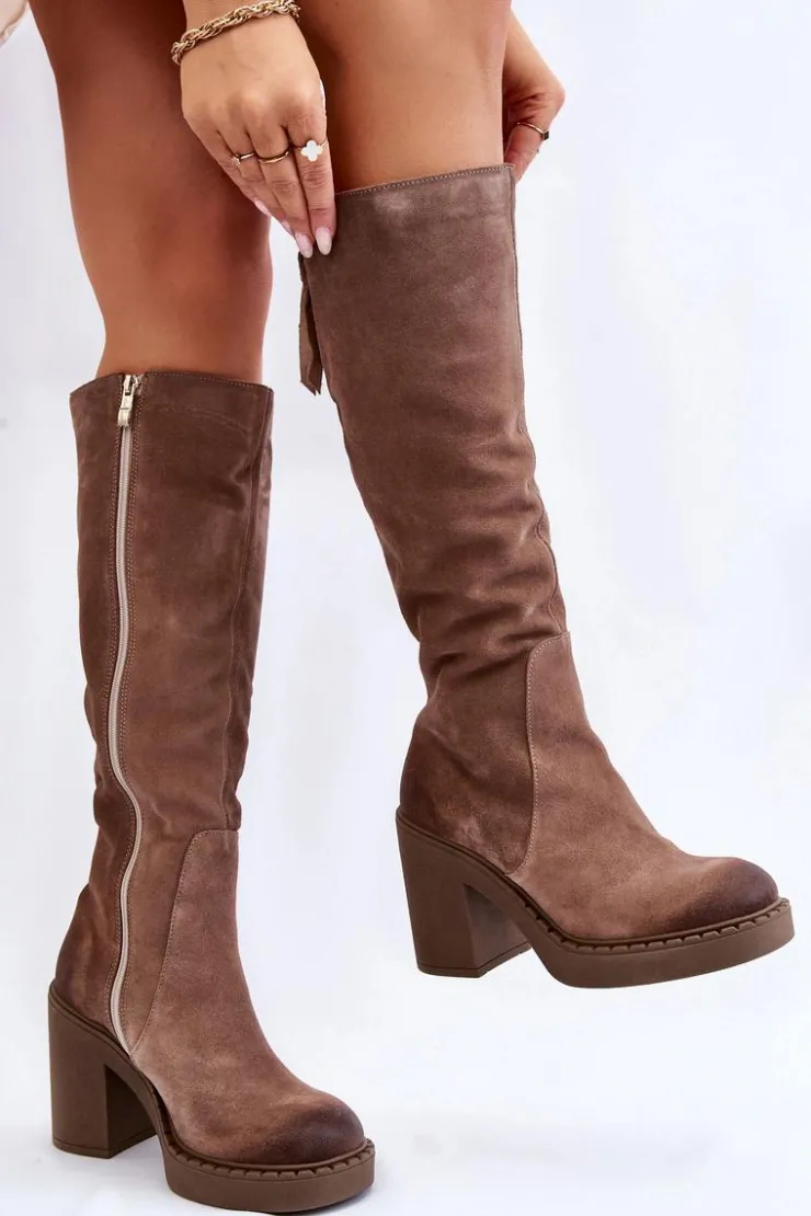 Hot Boto Damskie Zamszowe Kozaki Na Masywnym Słupku Jasnobrązowe Valeris