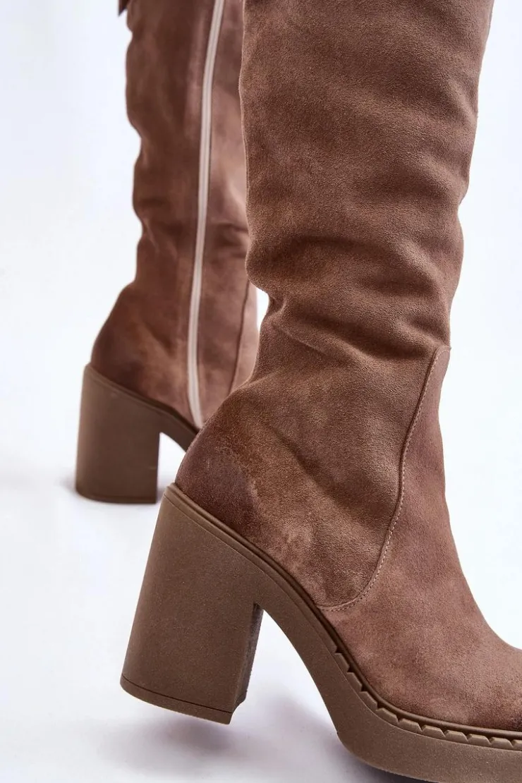 Hot Boto Damskie Zamszowe Kozaki Na Masywnym Słupku Jasnobrązowe Valeris