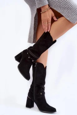 Damskie Boto Damskie Zamszowe Kozaki Na Obcasie Lewski Shoes 2934/B Czarne