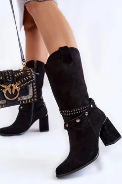 Damskie Boto Damskie Zamszowe Kozaki Na Obcasie Lewski Shoes 2934/B Czarne