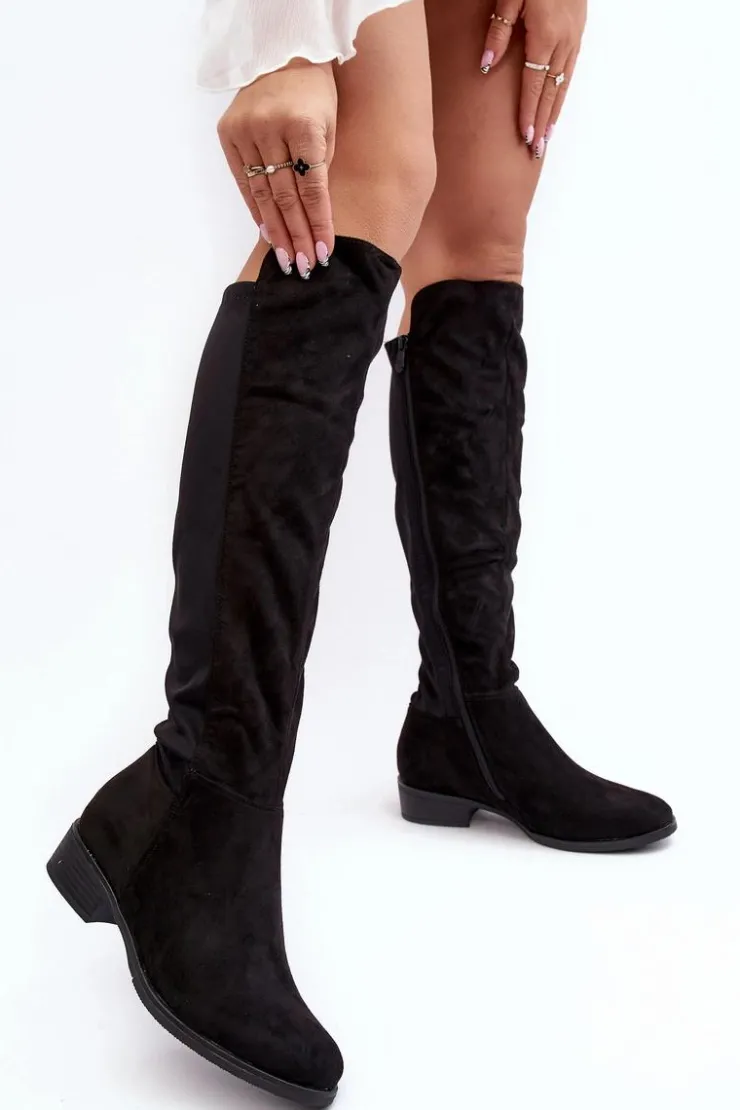 Damskie buty S.Barski Kozaki Płaskie|Kozaki Przed Kolano*Damskie Zamszowe Kozaki Przed Kolano S.Barski HY27098A Czarne