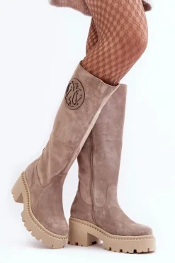 Damskie Boto Damskie Zamszowe Kozaki Przed Kolano Ciemnobeżowe Lewski 3367
