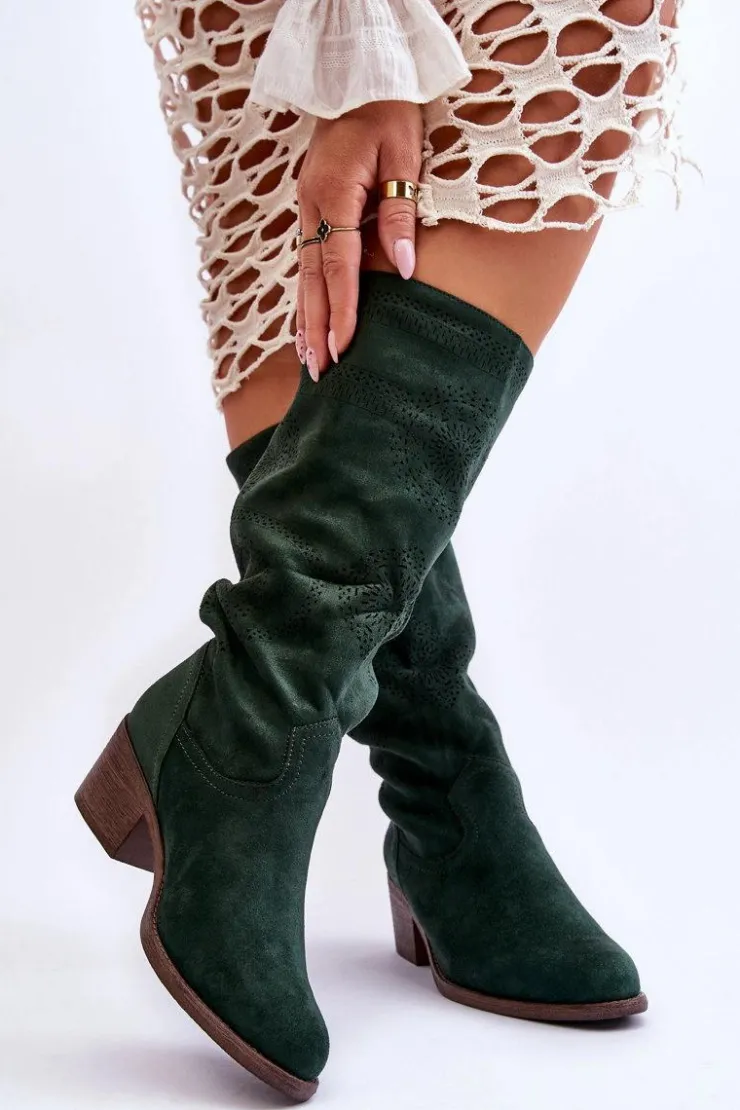 Sale Boto Damskie Zamszowe Kozaki Z Ażurowym Wzorem Zielone Enrissa