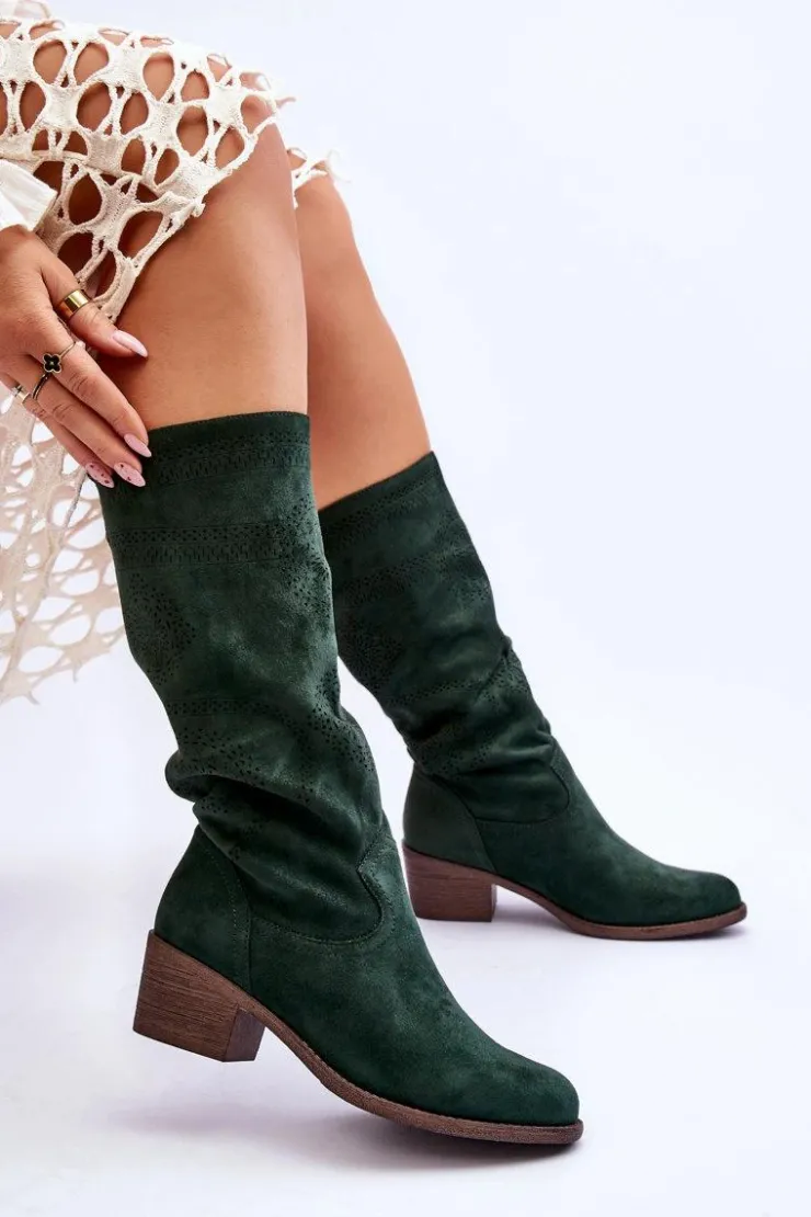 Sale Boto Damskie Zamszowe Kozaki Z Ażurowym Wzorem Zielone Enrissa