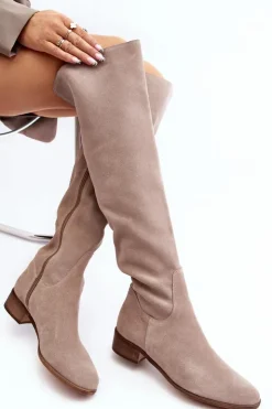 Boto Muszkieterki|Kozaki Za Kolano*Damskie Zamszowe Kozaki Za Kolano Na Płaskim Obcasie Beżowe Hewanella