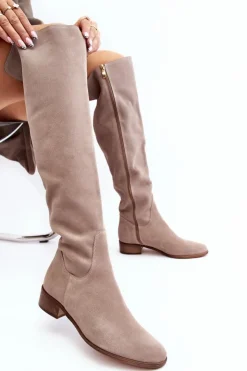 Boto Muszkieterki|Kozaki Za Kolano*Damskie Zamszowe Kozaki Za Kolano Na Płaskim Obcasie Beżowe Hewanella