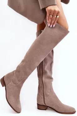 Boto Muszkieterki|Kozaki Za Kolano*Damskie Zamszowe Kozaki Za Kolano Na Płaskim Obcasie Beżowe Hewanella