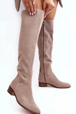 Boto Muszkieterki|Kozaki Za Kolano*Damskie Zamszowe Kozaki Za Kolano Na Płaskim Obcasie Beżowe Hewanella