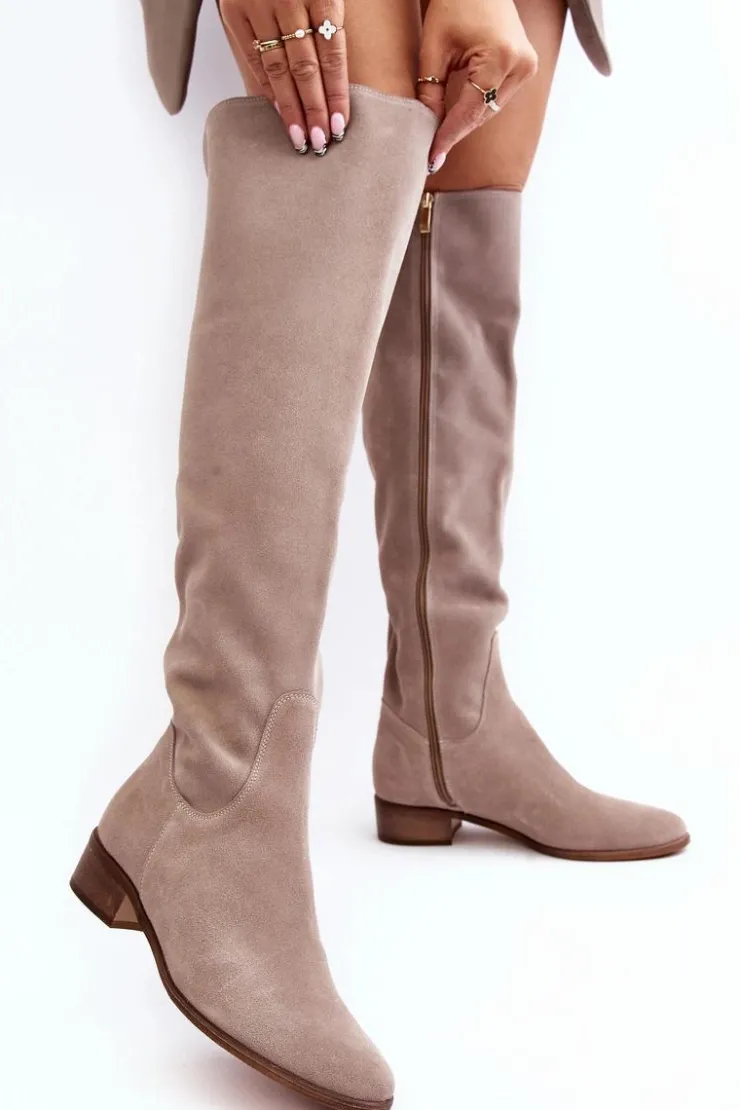 Boto Muszkieterki|Kozaki Za Kolano*Damskie Zamszowe Kozaki Za Kolano Na Płaskim Obcasie Beżowe Hewanella