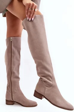 Boto Muszkieterki|Kozaki Za Kolano*Damskie Zamszowe Kozaki Za Kolano Na Płaskim Obcasie Beżowe Hewanella