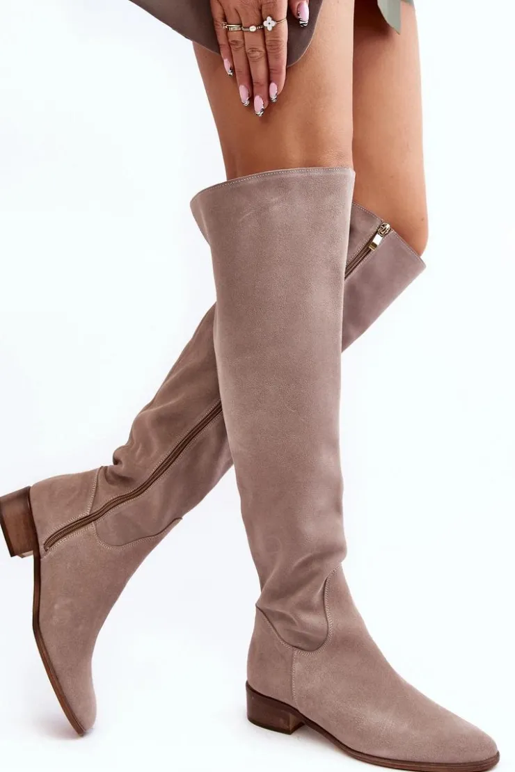 Boto Muszkieterki|Kozaki Za Kolano*Damskie Zamszowe Kozaki Za Kolano Na Płaskim Obcasie Beżowe Hewanella