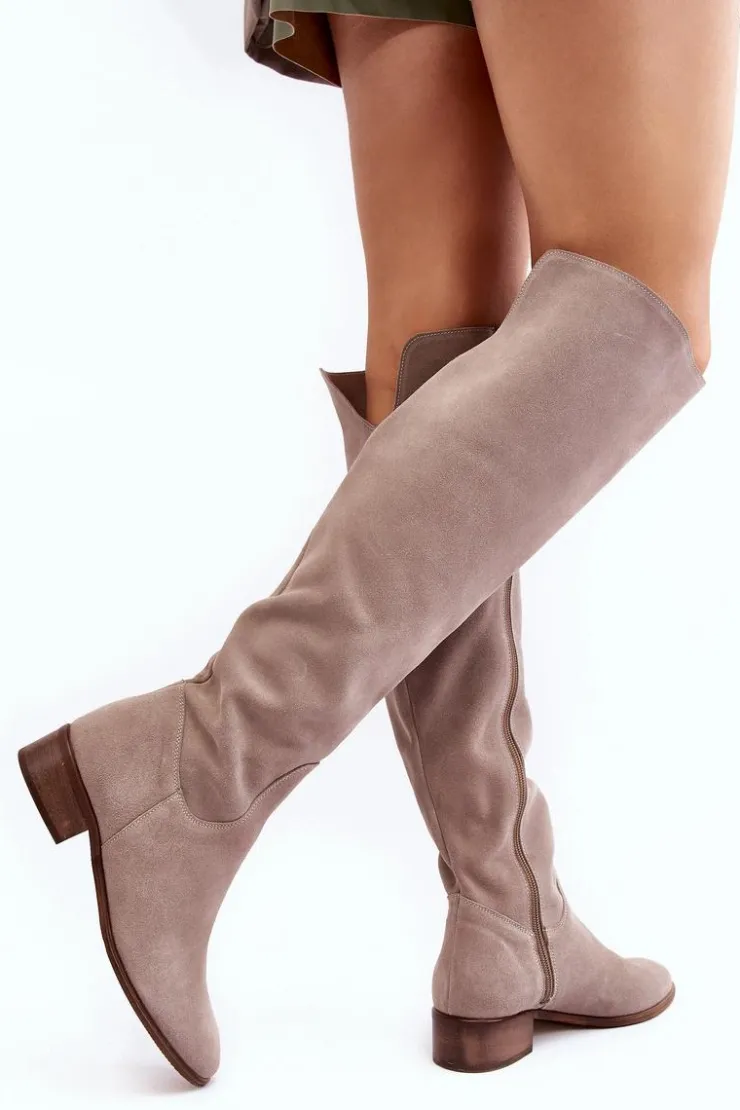 Boto Muszkieterki|Kozaki Za Kolano*Damskie Zamszowe Kozaki Za Kolano Na Płaskim Obcasie Beżowe Hewanella