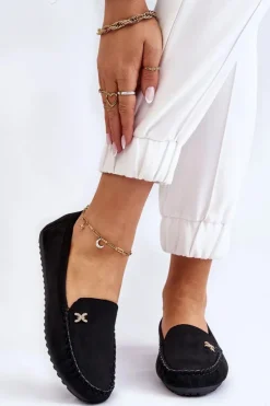 Boto Damskie Zamszowe Mokasyny Z Ozdobą Czarne Leah